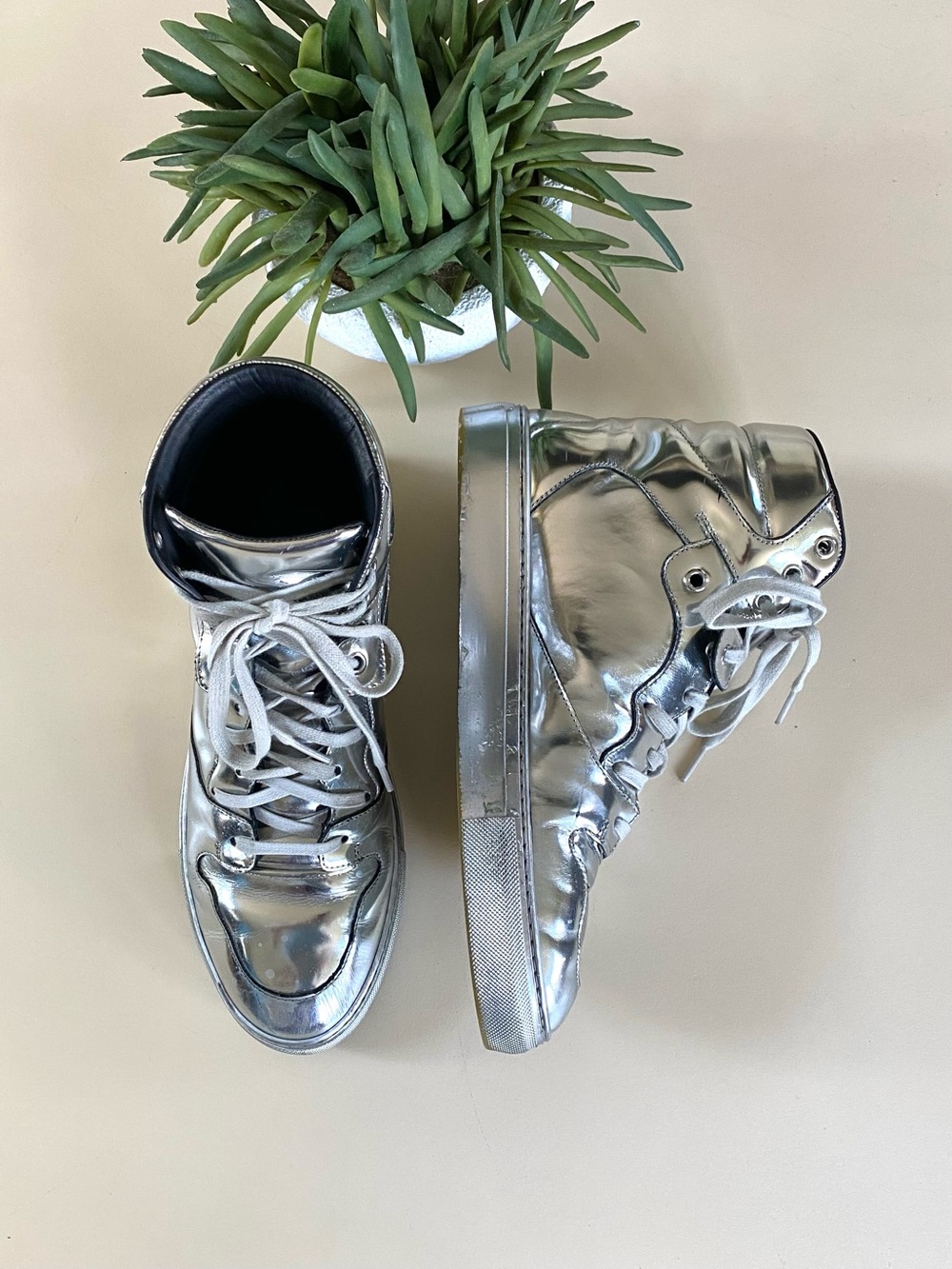 BALENCIAGA - Metallic Silver Painted Hightop Sneakers + Boxes & Extra Laces
